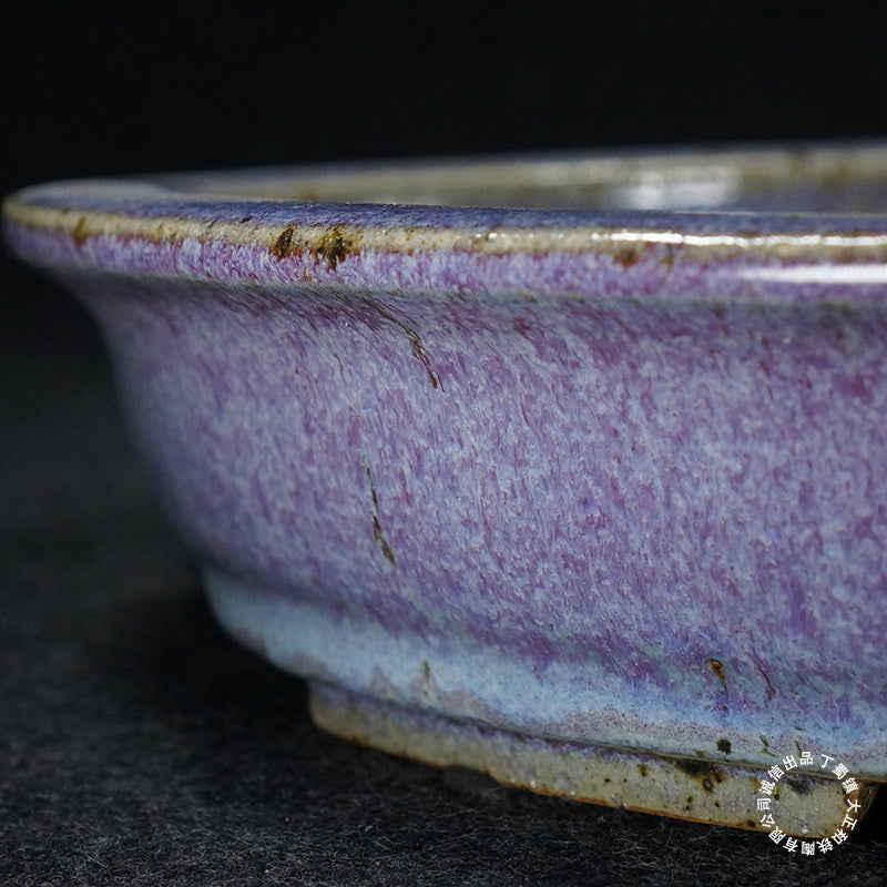 14.3 inch (36.5cm) Large Oval Taisho Kiln Jun Glaze Purple Multi-Tone Shallow Bonsai Pot Close Shot