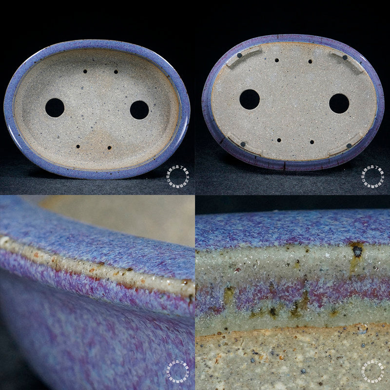 14.3 inch (36.5cm) Large Oval Taisho Kiln Jun Glaze Purple Multi-Tone Shallow Bonsai Pot Inner & Bottom View