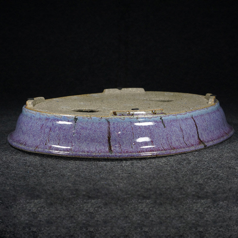 14.3 inch (36.5cm) Large Oval Taisho Kiln Jun Glaze Purple Multi-Tone Shallow Bonsai Pot Upside Down View