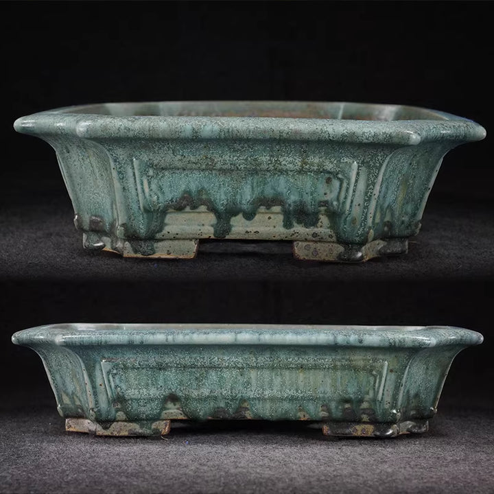 14.3 inch (36.5cm) Large Rectangular Corner-Cut Exclusive Green Drip Glaze Bonsai Pot Side View