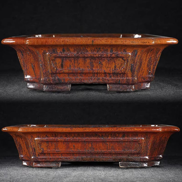 14.3 inch (36.5cm) Large Rectangular Corner-Cut Exclusive Red Glaze Bonsai Pot Side View