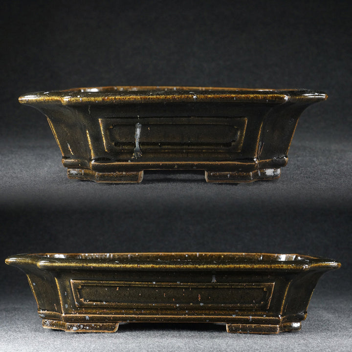 14.3 inch (36.5cm) Large Rectangular Taisho Kiln Jun Glaze Black-Brown Multi-Tone Bonsai Pot Side View