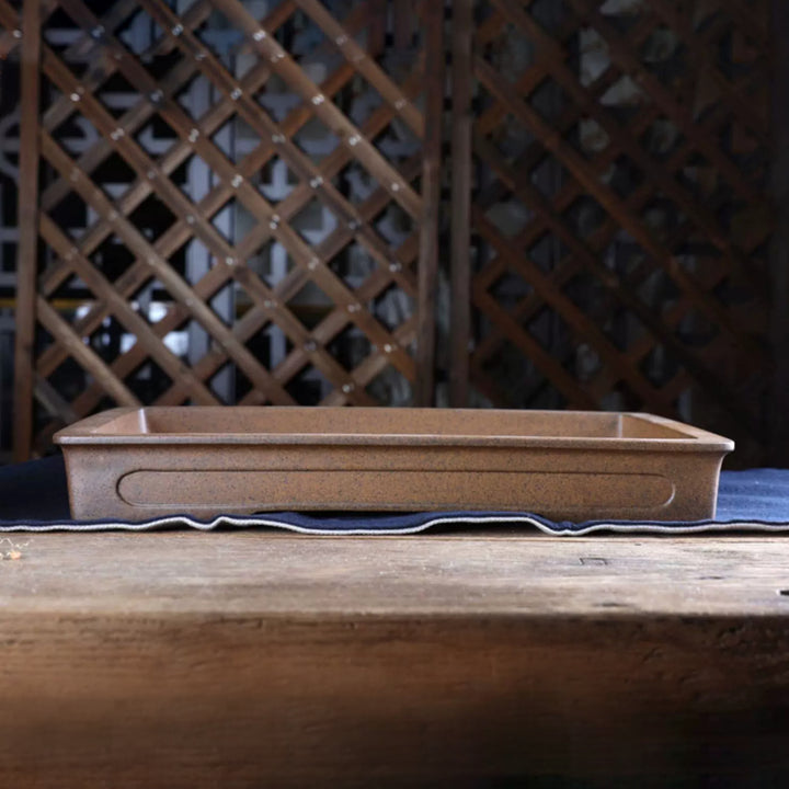 14.3 inch (36.5cm) Large Shallow Rectangular Wood-Fired Unglazed Bonsai Pot w Recessed Panels