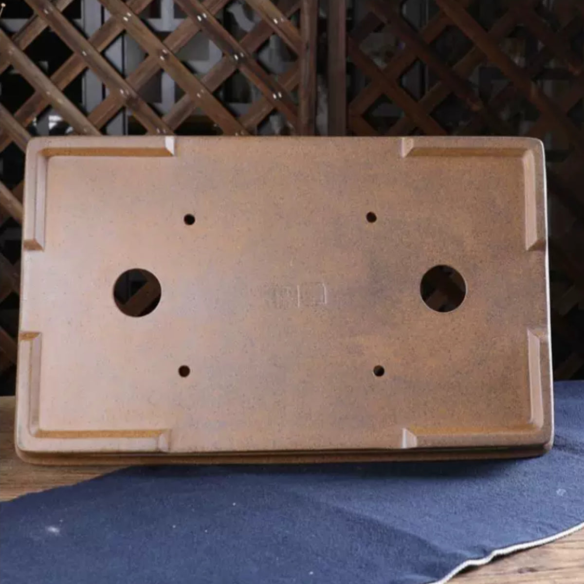 14.3 inch (36.5cm) Large Shallow Rectangular Wood-Fired Unglazed Bonsai Pot w Recessed Panels Bottom View