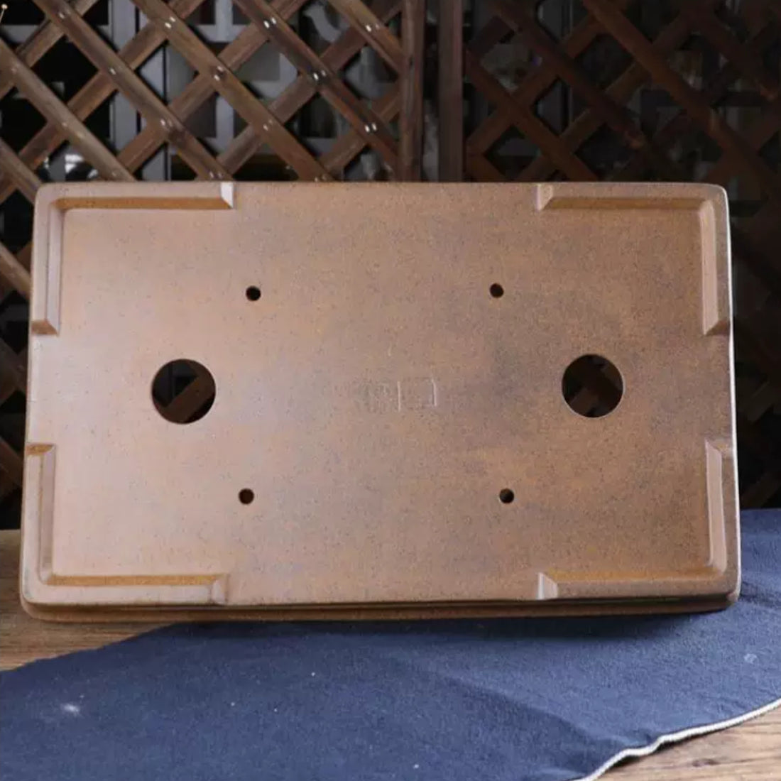 14.3 inch (36.5cm) Large Shallow Rectangular Wood-Fired Unglazed Bonsai Pot w Recessed Panels Bottom View