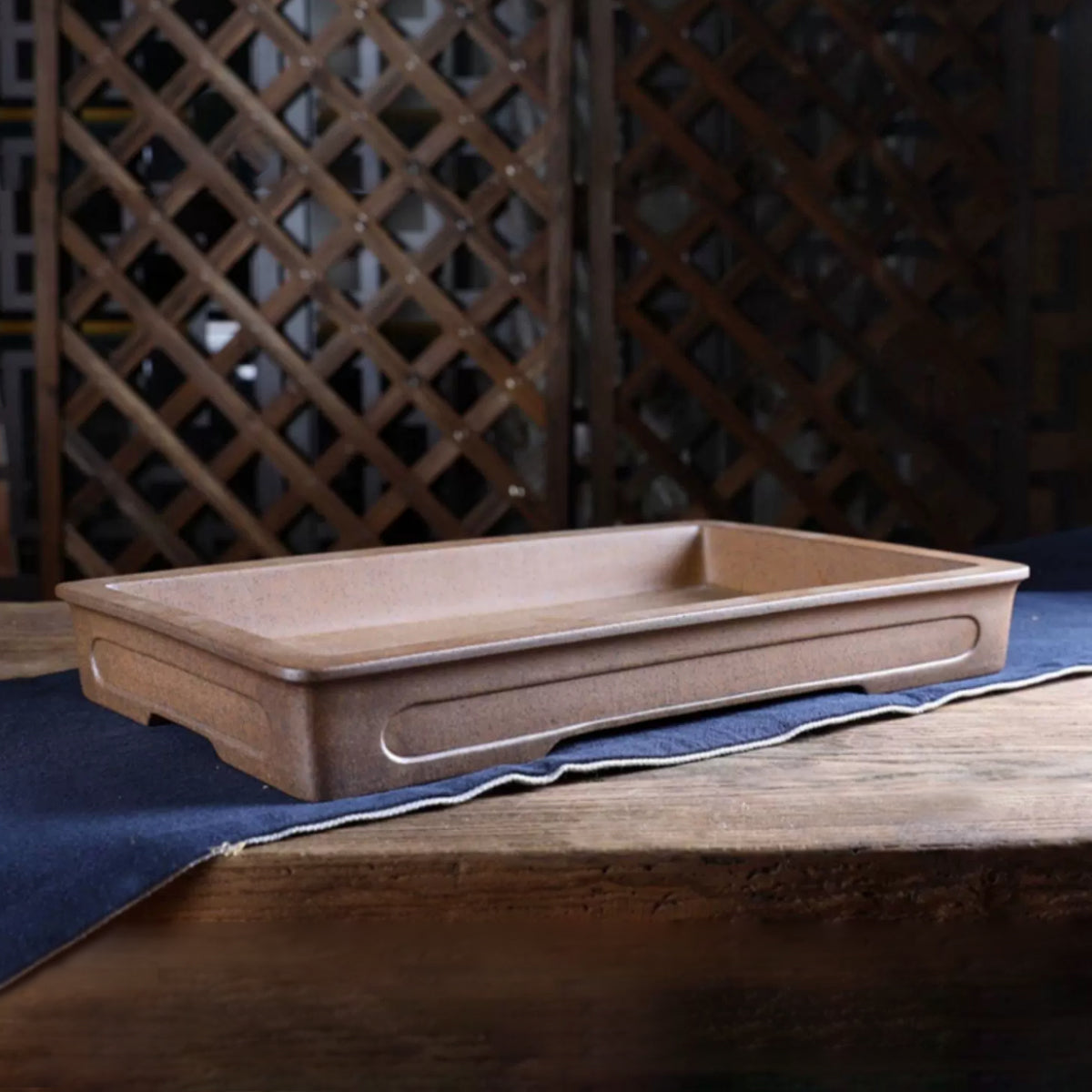 14.3 inch (36.5cm) Large Shallow Rectangular Wood-Fired Unglazed Bonsai Pot w Recessed Panels Corner View