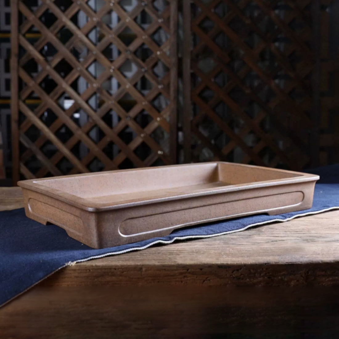 14.3 inch (36.5cm) Large Shallow Rectangular Wood-Fired Unglazed Bonsai Pot w Recessed Panels Corner View