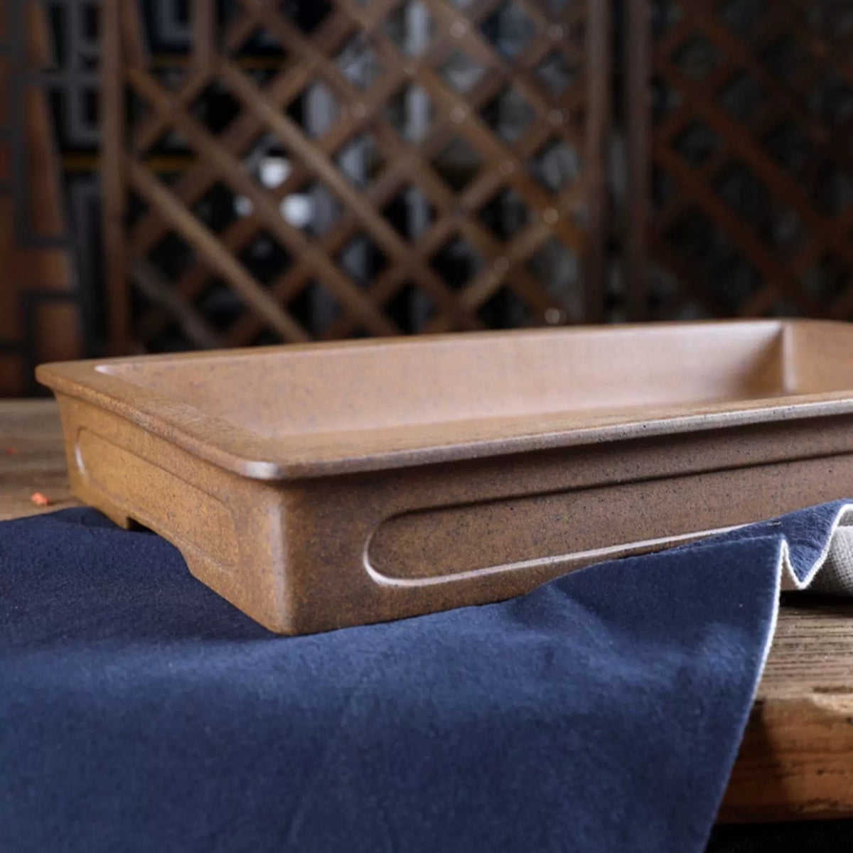 14.3 inch (36.5cm) Large Shallow Rectangular Wood-Fired Unglazed Bonsai Pot w Recessed Panels Corner View Close Shot