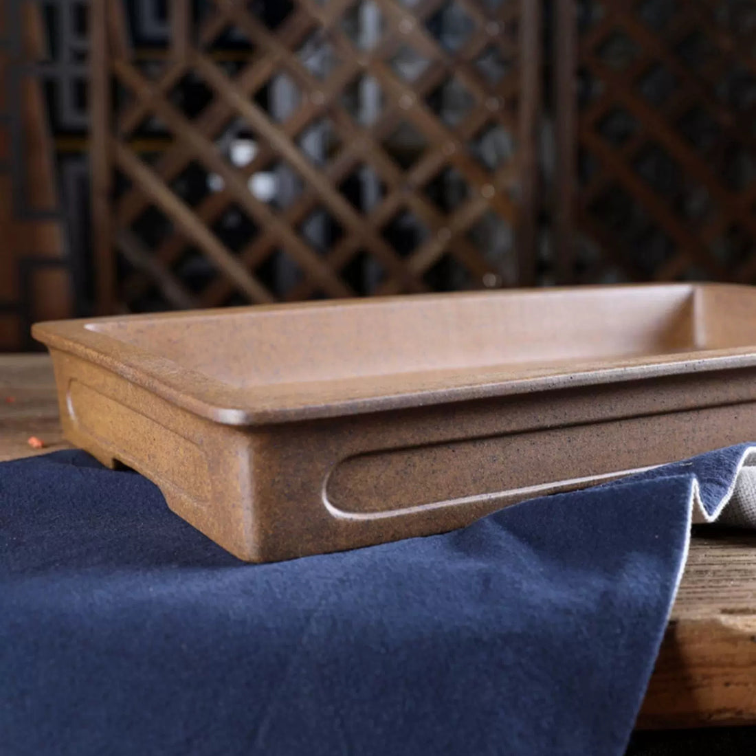 14.3 inch (36.5cm) Large Shallow Rectangular Wood-Fired Unglazed Bonsai Pot w Recessed Panels Corner View Close Shot