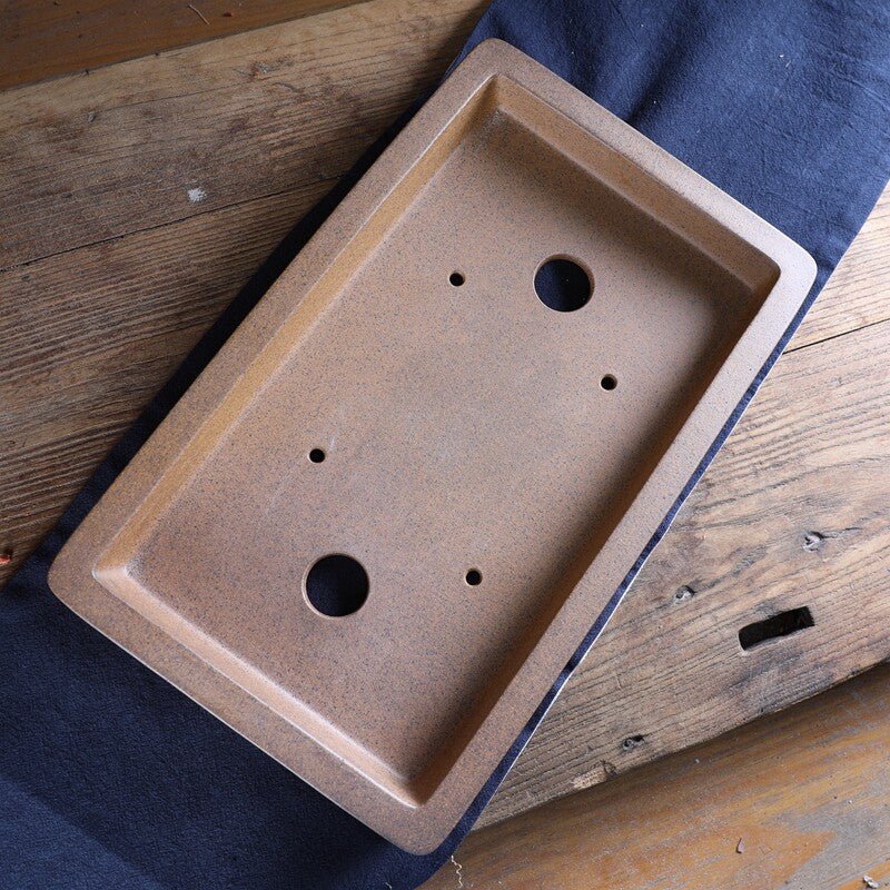 14.3 inch (36.5cm) Large Shallow Rectangular Wood-Fired Unglazed Bonsai Pot w Recessed Panels Inner View