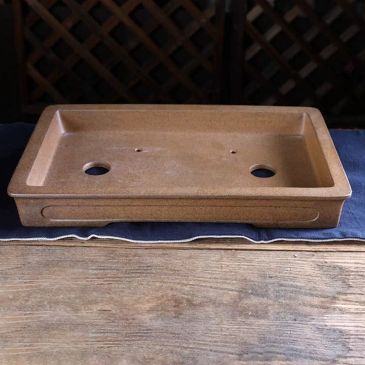 14.3 inch (36.5cm) Large Shallow Rectangular Wood-Fired Unglazed Bonsai Pot w Recessed Panels Top View