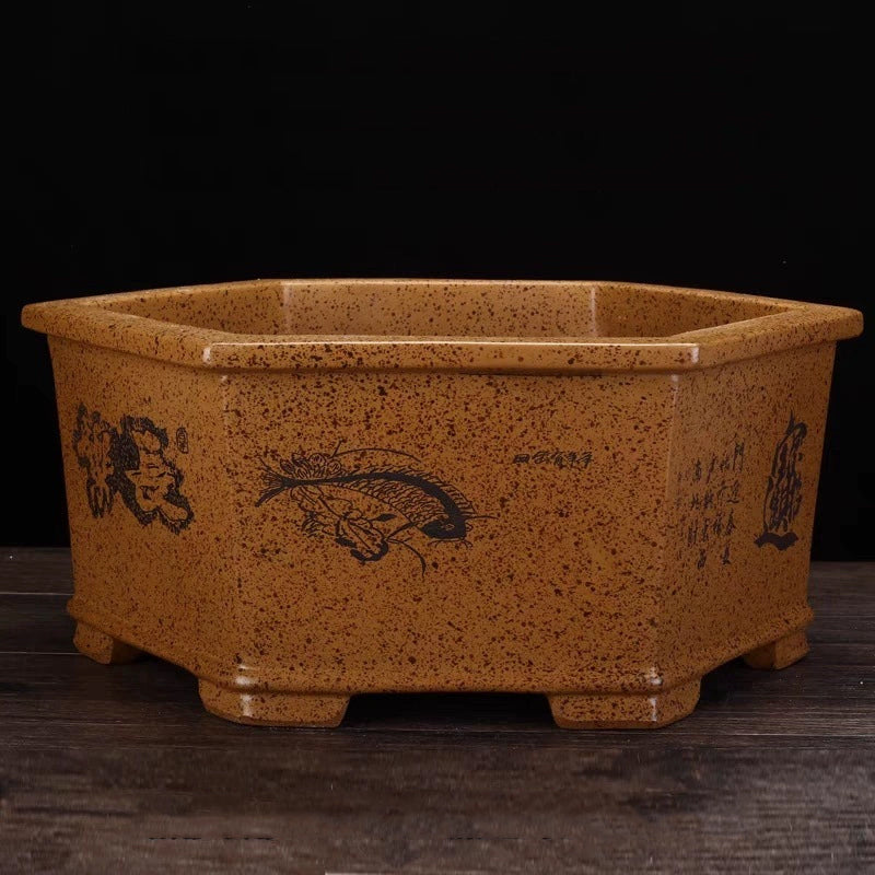14.4 inch (36.7cm) Large Hexagonal Speckled Finish Deep Bonsai Pot