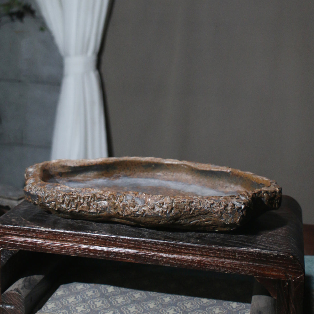 14.5" (37cm) Large Abstract Handmade Shallow Bonsai Forest Pot Corner View