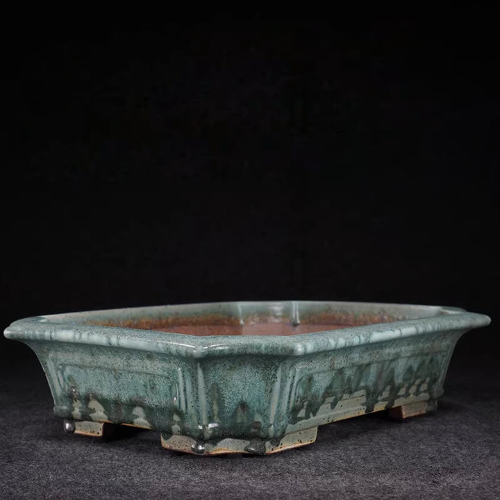 14.5 inch (37cm) Large Corner-Cut Taisho Kiln Fired Glazed Green Multi-Tone Bonsai Pot