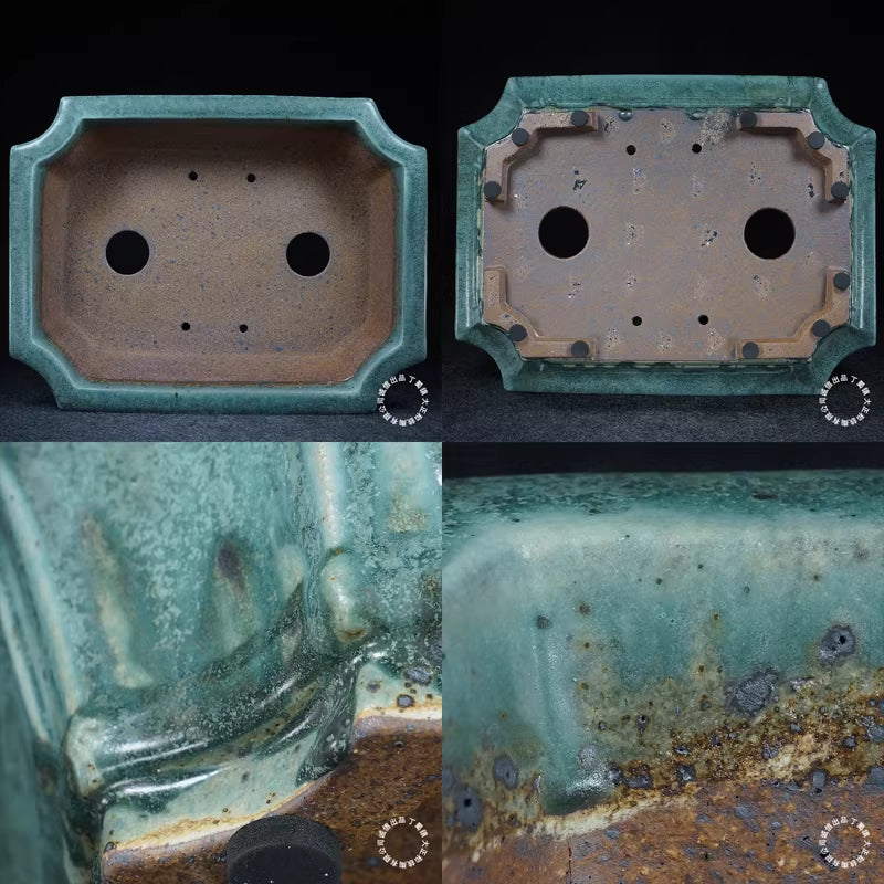 14.5 inch (37cm) Large Corner-Cut Taisho Kiln Fired Glazed Green Multi-Tone Bonsai Pot Inner & Bottom View