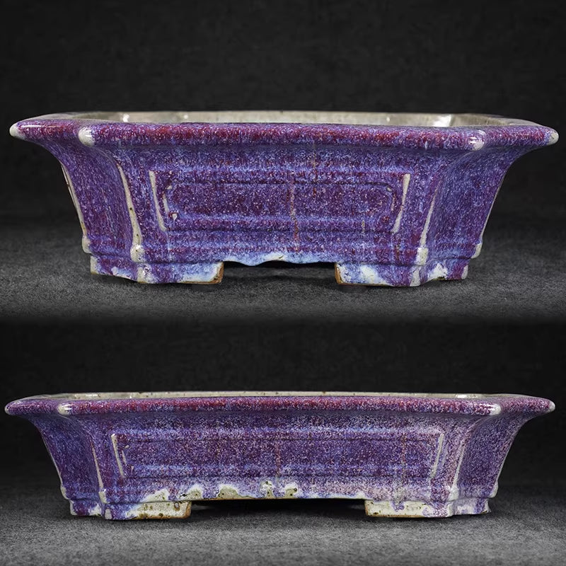 14.5 inch (37cm) Large Corner-Cut Taisho Kiln Fired Glazed Purple Multi-Tone Bonsai Pot Side Views