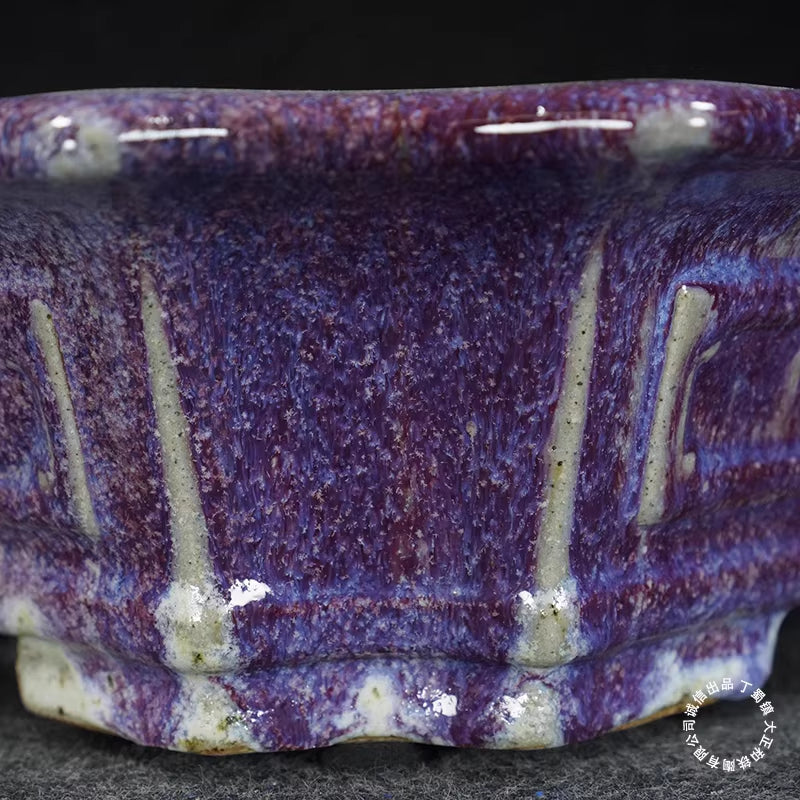 14.5 inch (37cm) Large Corner-Cut Taisho Kiln Fired Glazed Purple Multi-Tone Bonsai Pot Corner Close Shot