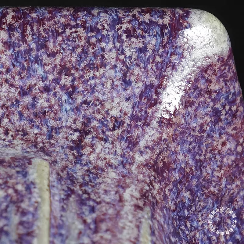 14.5 inch (37cm) Large Corner-Cut Taisho Kiln Fired Glazed Purple Multi-Tone Bonsai Pot Corner Rim Close Shot