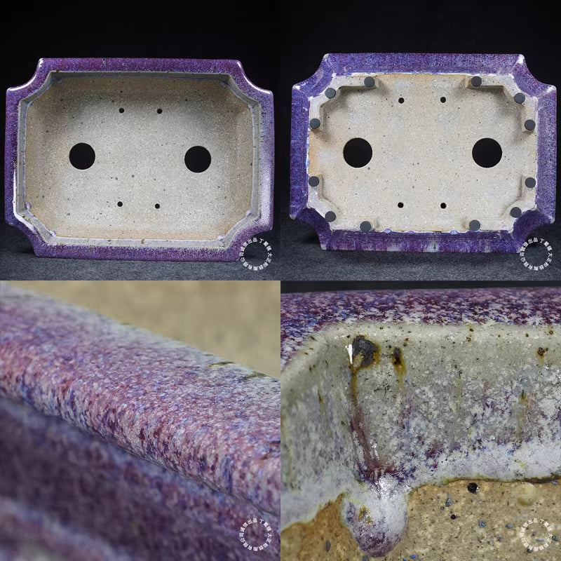 14.5 inch (37cm) Large Corner-Cut Taisho Kiln Fired Glazed Purple Multi-Tone Bonsai Pot Inner & Bottom View