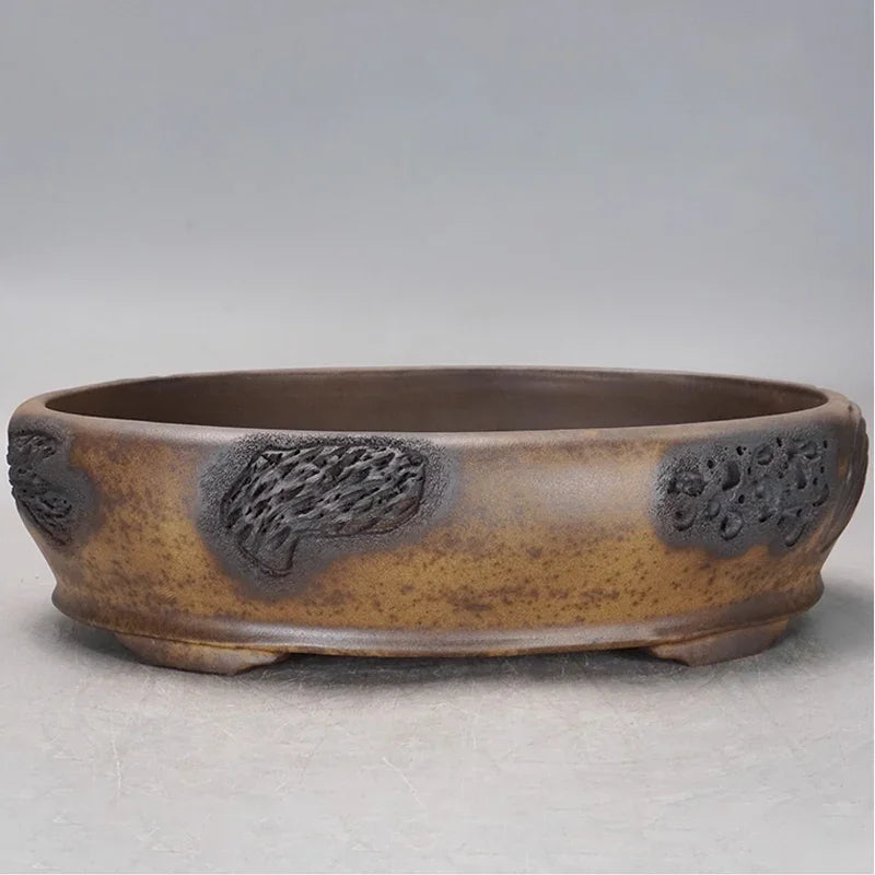14.5 inch (37cm) Large Handmade Oval Bonsai Pot with Rustic Textured Carvings