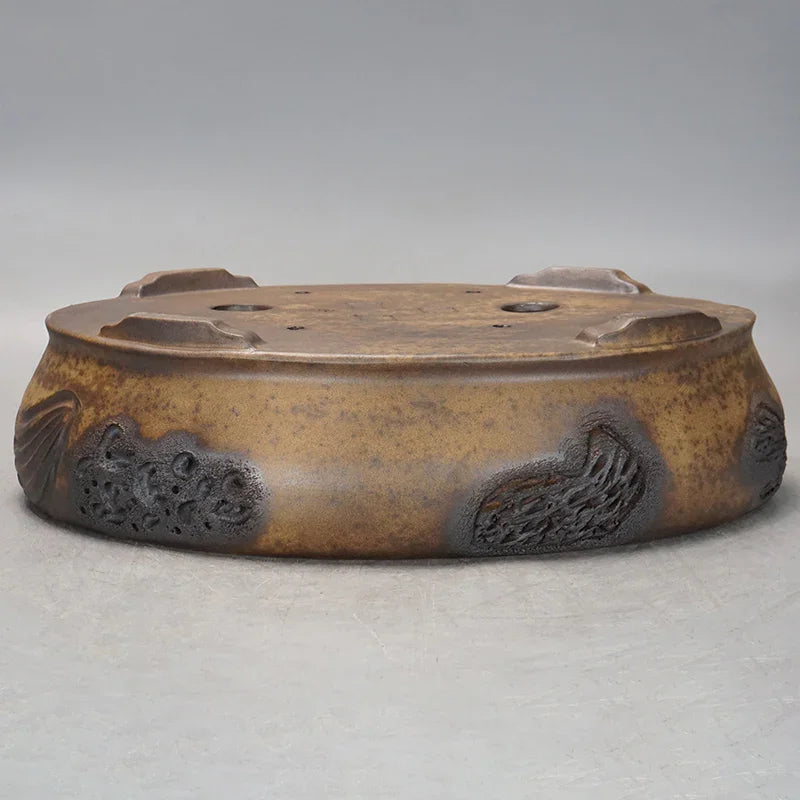 14.5 inch (37cm) Large Handmade Oval Bonsai Pot with Rustic Textured Carvings Bottom View