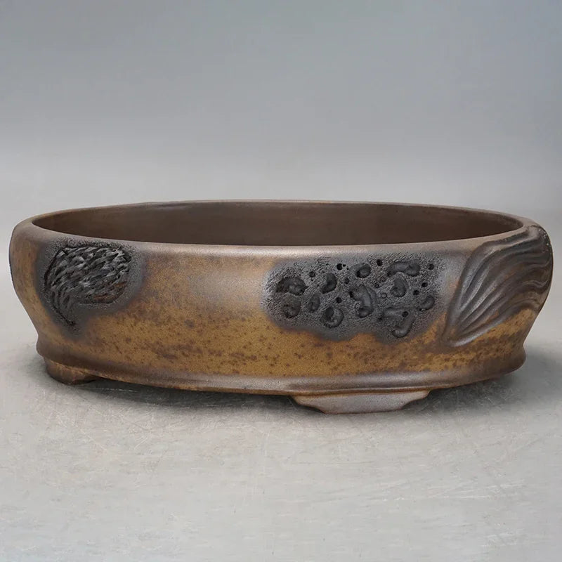 14.5 inch (37cm) Large Handmade Oval Bonsai Pot with Rustic Textured Carvings Corner View
