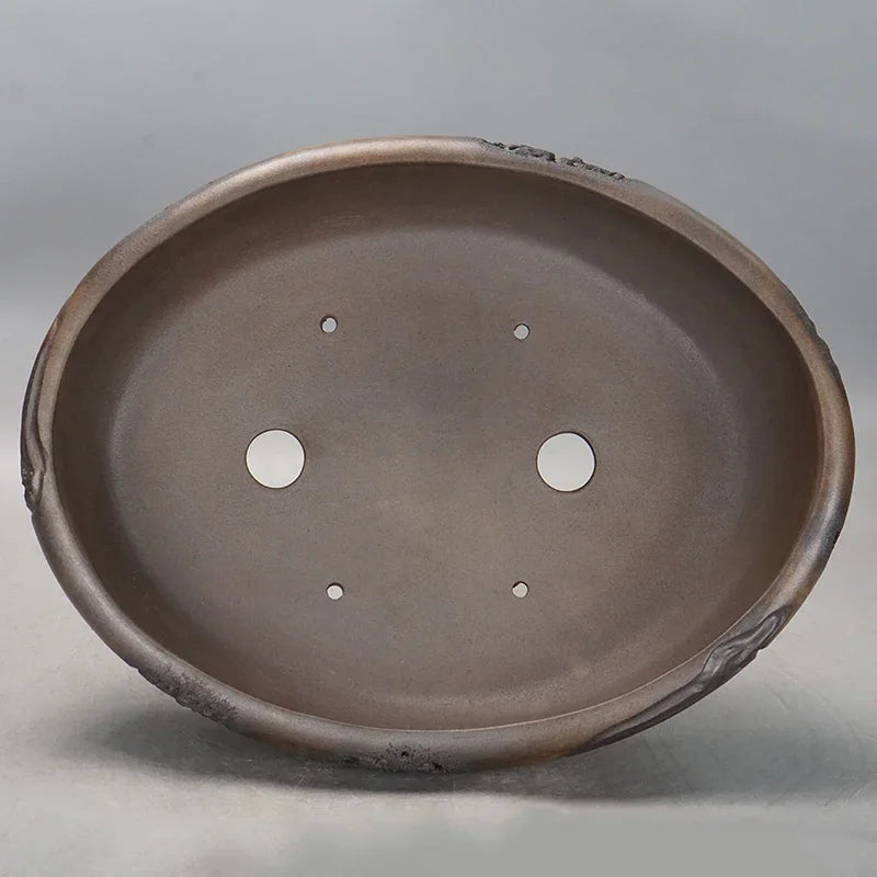 14.5 inch (37cm) Large Handmade Oval Bonsai Pot with Rustic Textured Carvings Inner View
