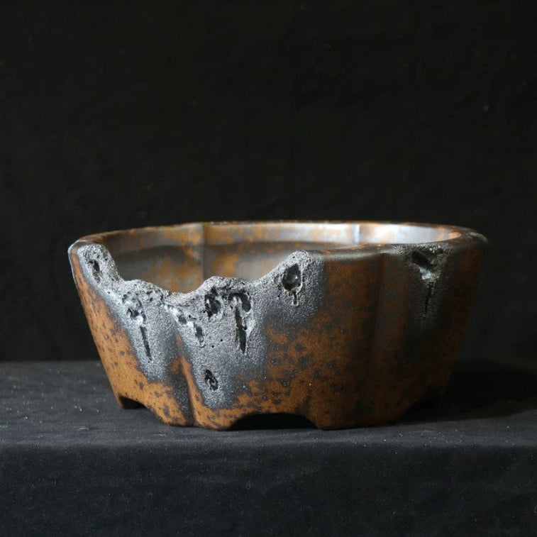 14.5 inch (37cm) Large Hexagonal Broken Edge-Style Wood-Fired Unique Bonsai Pot