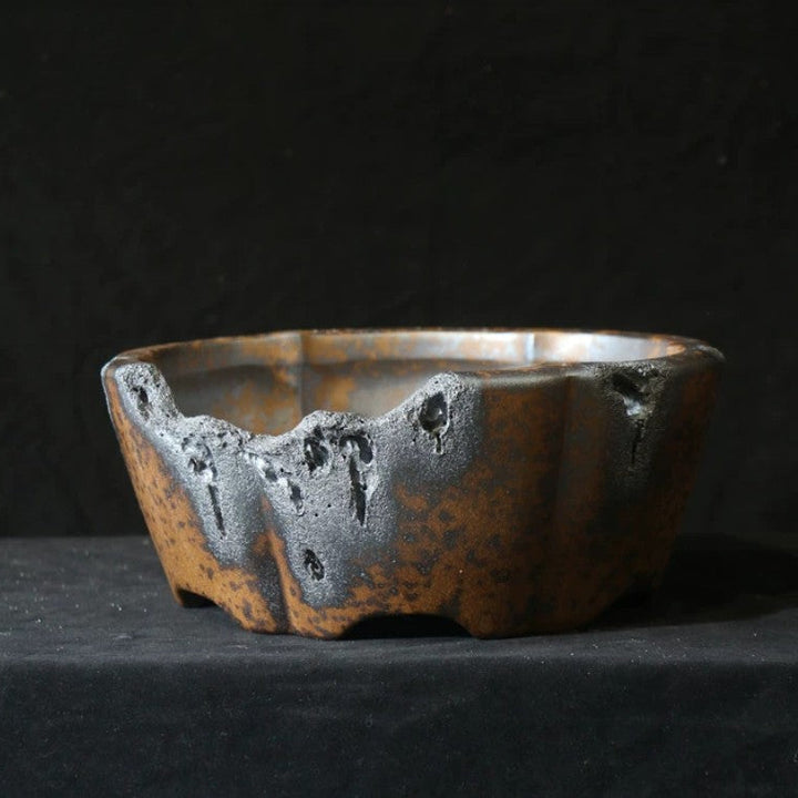 14.5 inch (37cm) Large Hexagonal Broken Edge-Style Wood-Fired Unique Bonsai Pot