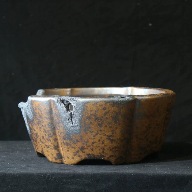 14.5 inch (37cm) Large Hexagonal Broken Edge-Style Wood-Fired Unique Bonsai Pot
