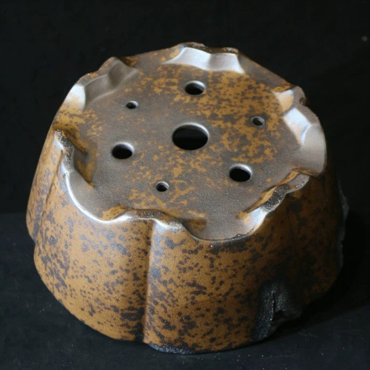 14.5 inch (37cm) Large Hexagonal Broken Edge-Style Wood-Fired Unique Bonsai Pot Bottom View