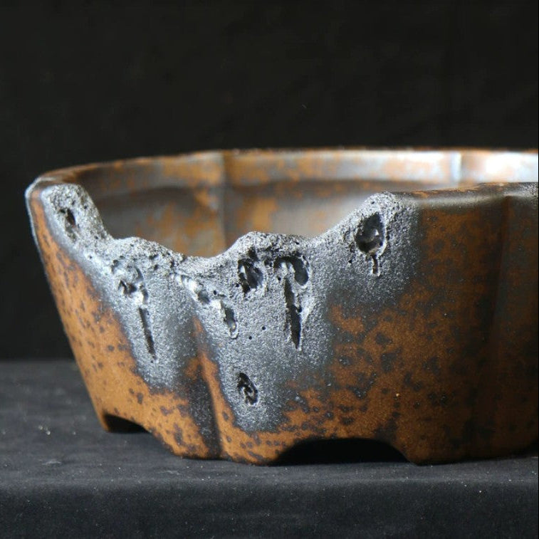 14.5 inch (37cm) Large Hexagonal Broken Edge-Style Wood-Fired Unique Bonsai Pot Close Shot