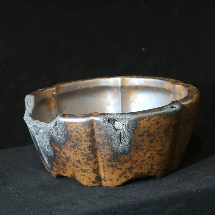 14.5 inch (37cm) Large Hexagonal Broken Edge-Style Wood-Fired Unique Bonsai Pot Side Top View