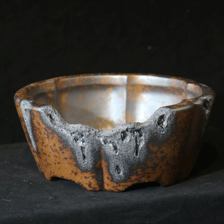 14.5 inch (37cm) Large Hexagonal Broken Edge-Style Wood-Fired Unique Bonsai Pot Top View