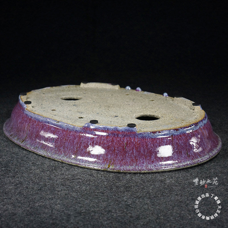 14.5 inch (37cm) Large Oval Taisho Kiln Jun Glaze Pink Multi-Tone Shallow Bonsai Pot Upside Down View