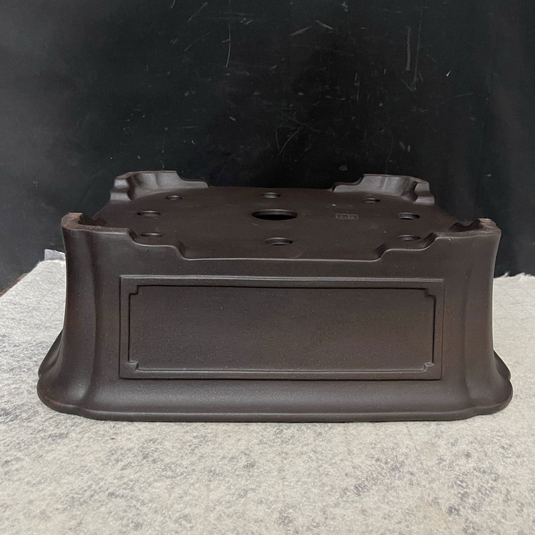 14.5 inch (37cm) Large Rectangular Bonsai Pot w Scalloped Corners & Panelled Walls Upside Down View