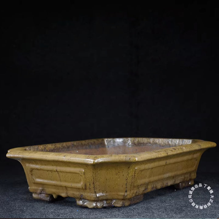 14.5 inch (37cm) Large Rectangular Corner-Cut Exclusive Yello Drip Glaze Bonsai Pot