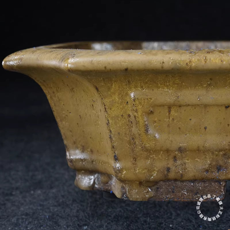 14.5 inch (37cm) Large Rectangular Corner-Cut Exclusive Yello Drip Glaze Bonsai Pot Corner View