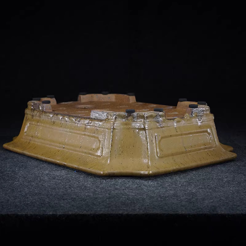 14.5 inch (37cm) Large Rectangular Corner-Cut Exclusive Yello Drip Glaze Bonsai Pot Upside Down View