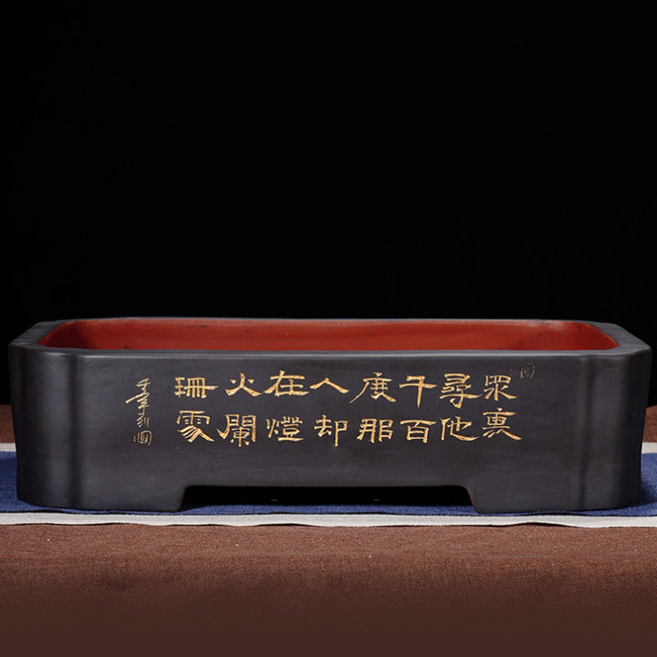 14.5 inch (37cm) Large Rectangular Scalloped Corner Unglazed Bonsai Pots Black Color