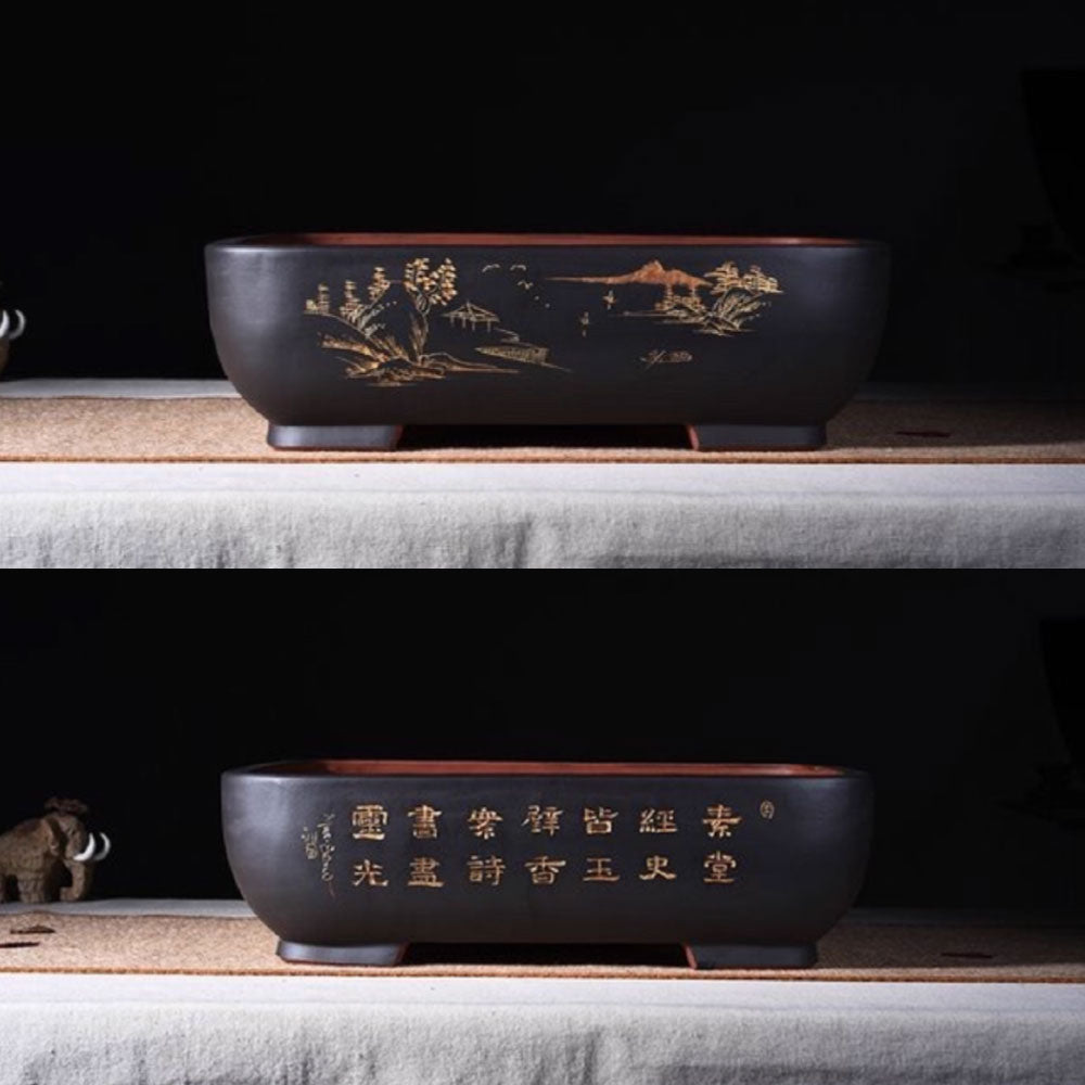 14.5 inch (37cm) Large Soft-Rectangle Artistic Bonsai Pots w Rounded Corners Black Color