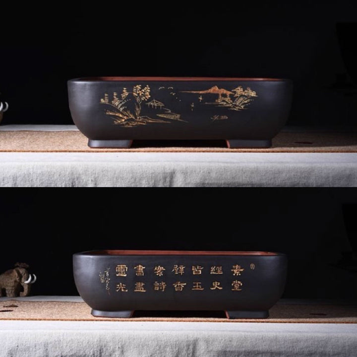 14.5 inch (37cm) Large Soft-Rectangle Artistic Bonsai Pots w Rounded Corners Black Color