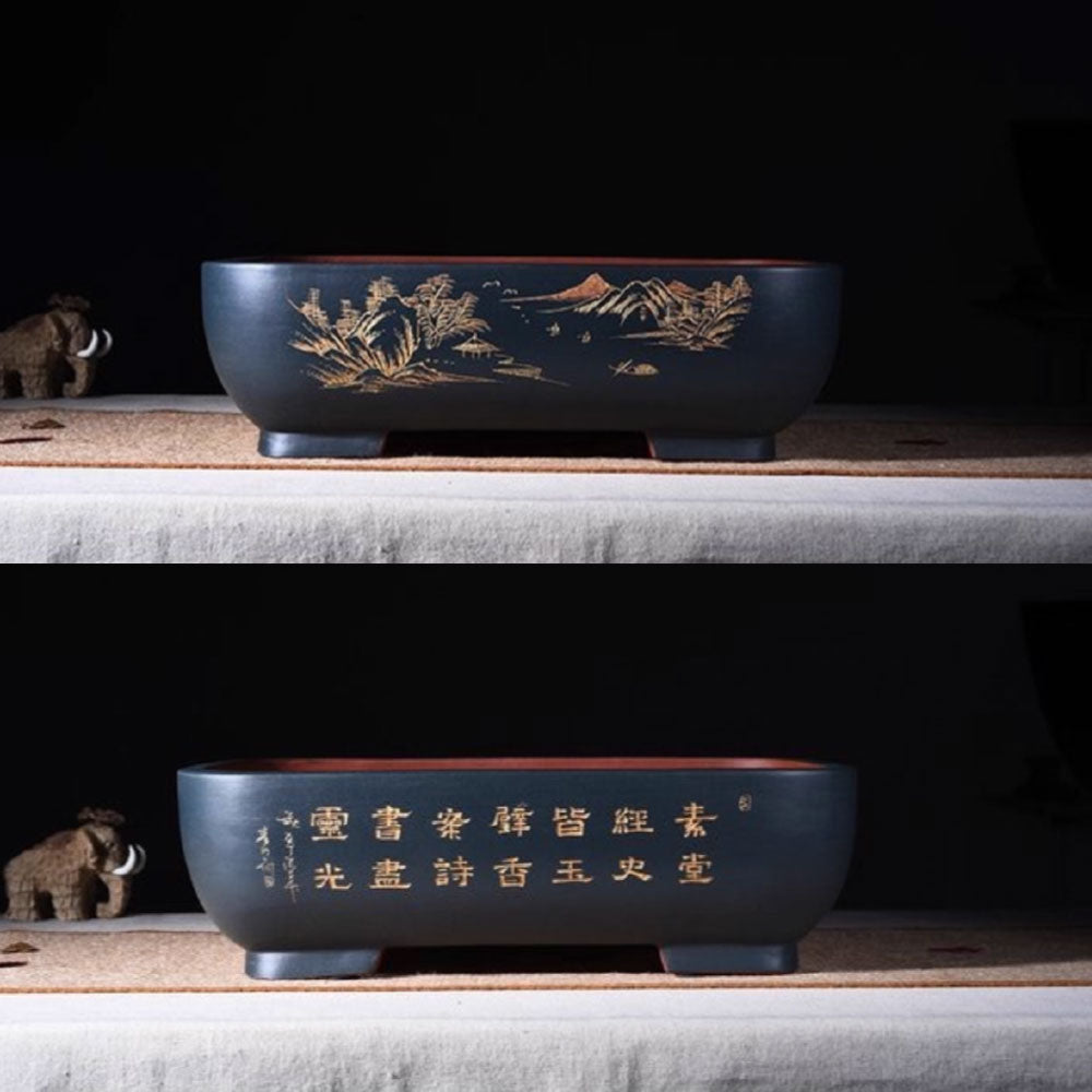 14.5 inch (37cm) Large Soft-Rectangle Artistic Bonsai Pots w Rounded Corners Blue Color