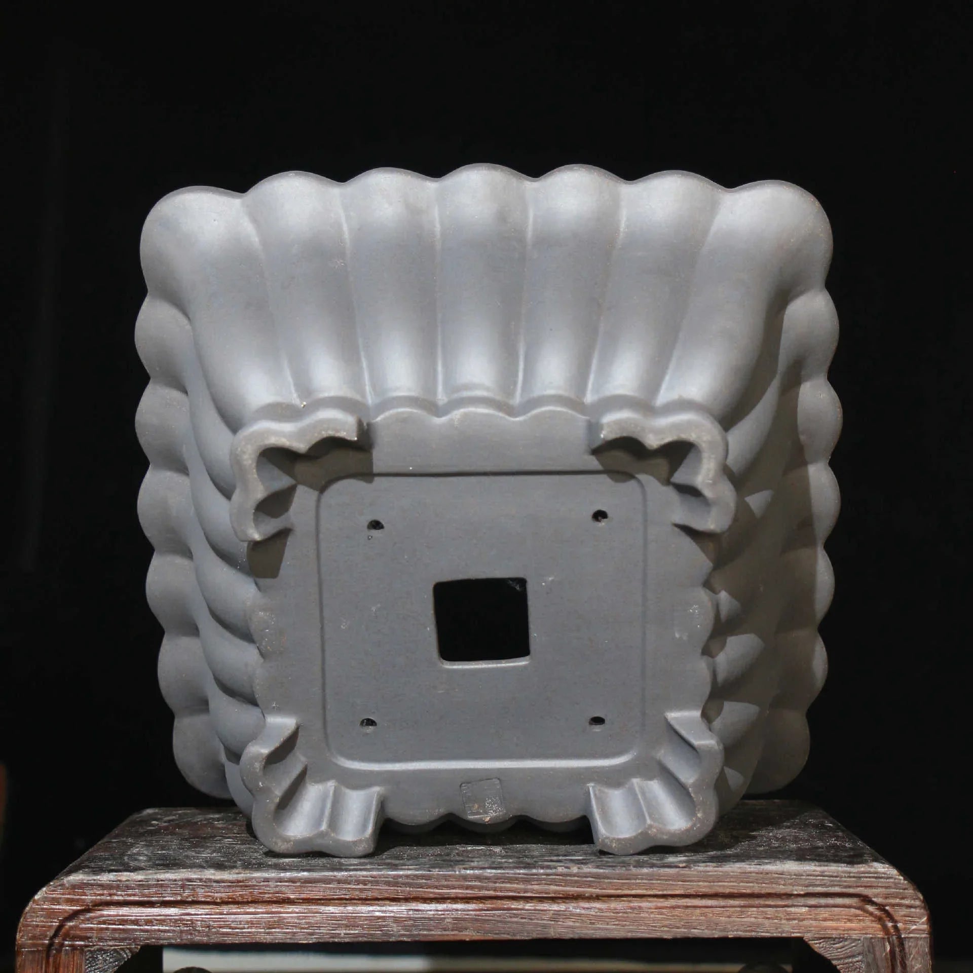 14.5 inch (37cm) Large Square Bonsai Pot w Fluted, Wavy Walls & Sculpted Feet Bottom View