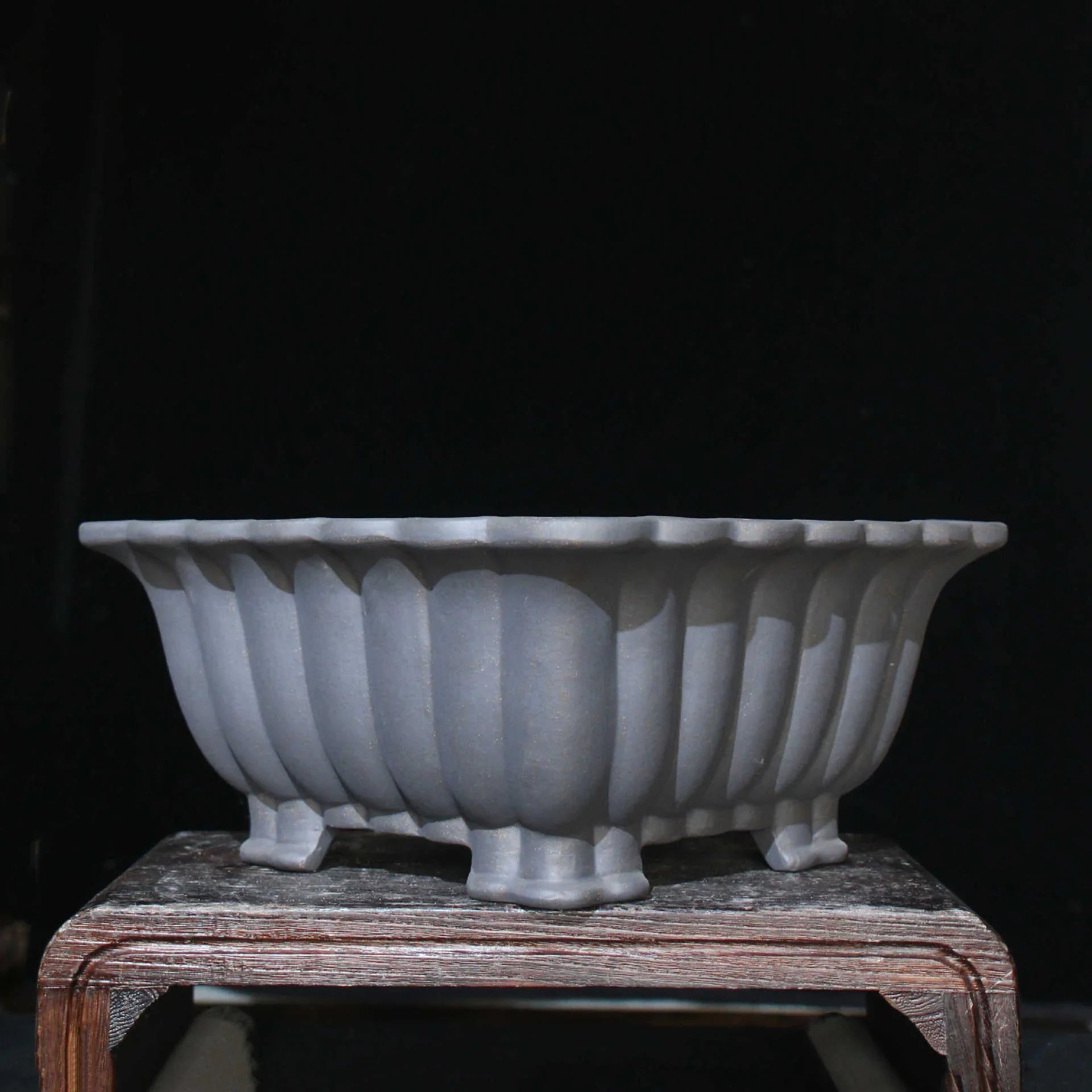 14.5 inch (37cm) Large Square Bonsai Pot w Fluted, Wavy Walls & Sculpted Feet Corner View