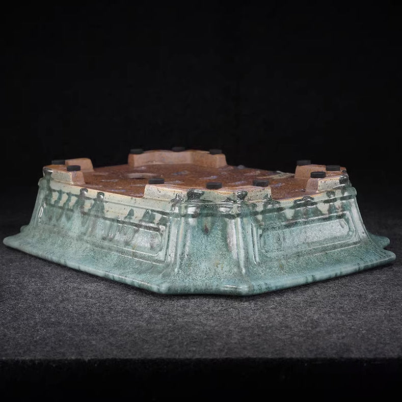 14.5 inch (37cm) Large Rectangular Corner-Cut Exclusive Green Drip Glaze Bonsai Pot Upside Down View