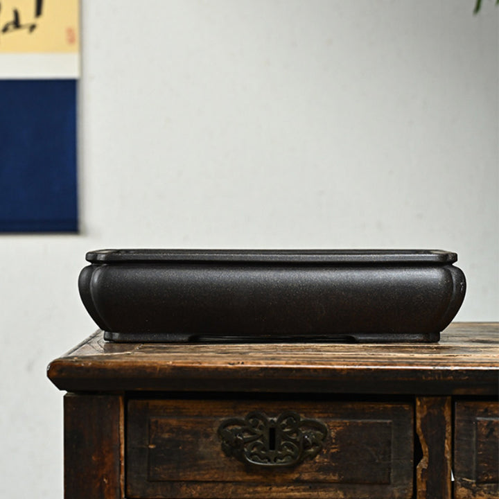 14.6 inch (37.2cm) Large Bulged Rectangular Indented-Corner Speckled Black Unglazed Bonsai Pot