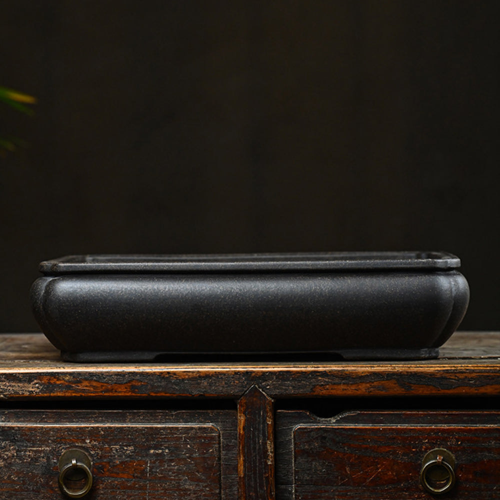 14.6 inch (37.2cm) Large Bulged Rectangular Indented-Corner Speckled Black Unglazed Bonsai Pot
