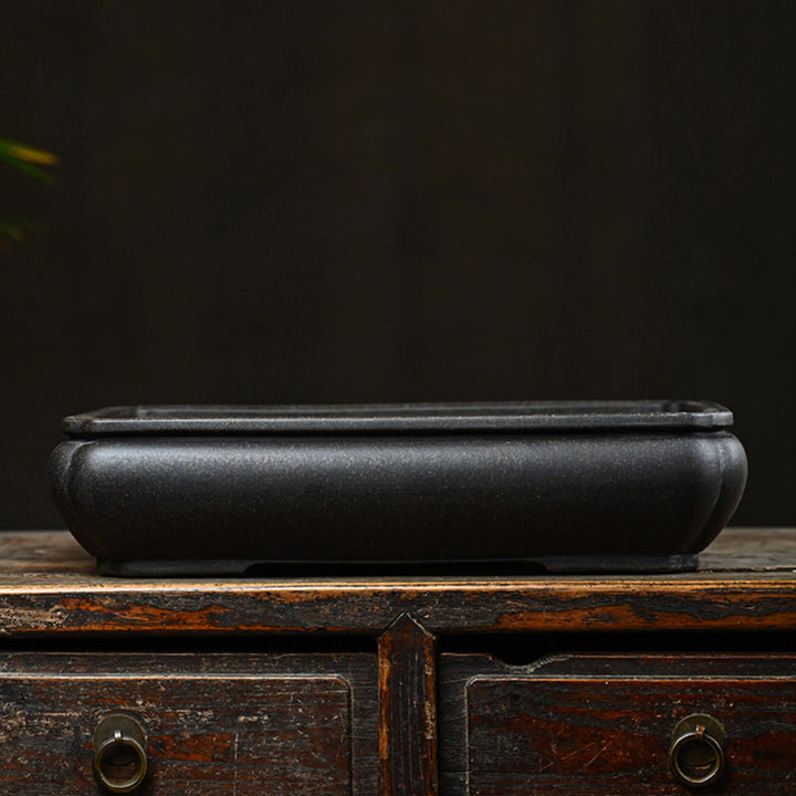 14.6 inch (37.2cm) Large Bulged Rectangular Indented-Corner Speckled Black Unglazed Bonsai Pot