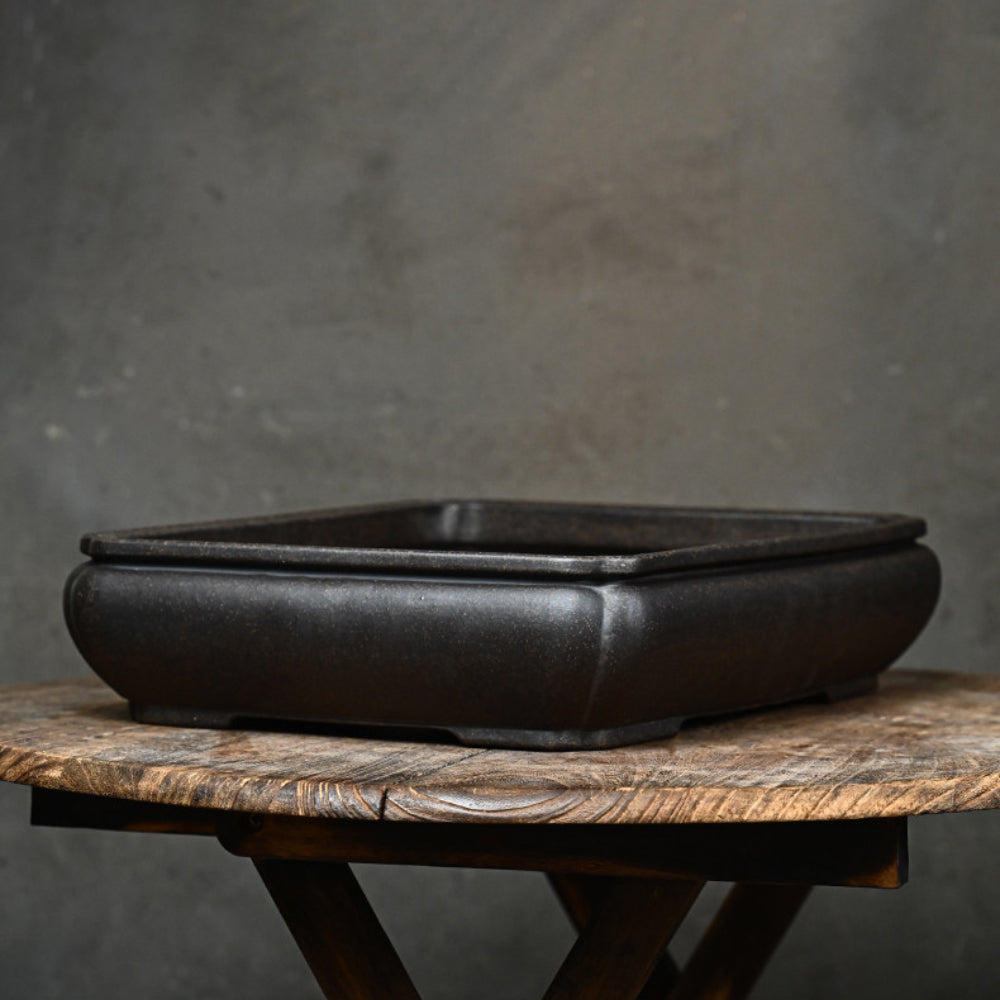 14.6 inch (37.2cm) Large Bulged Rectangular Indented-Corner Speckled Black Unglazed Bonsai Pot Corner View
